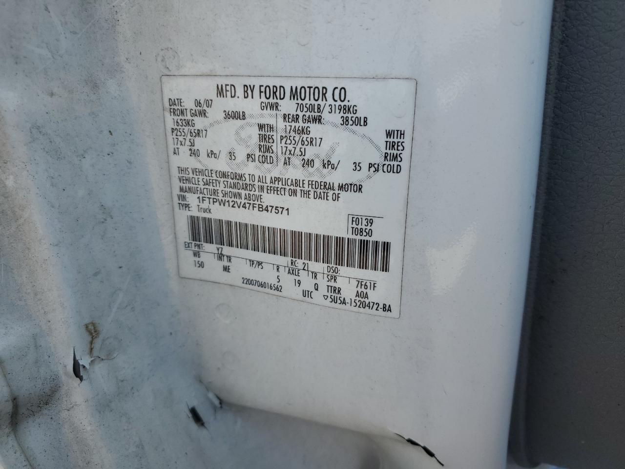 2007 Ford F150 Supercrew VIN: 1FTPW12V47FB47571 Lot: 80825875