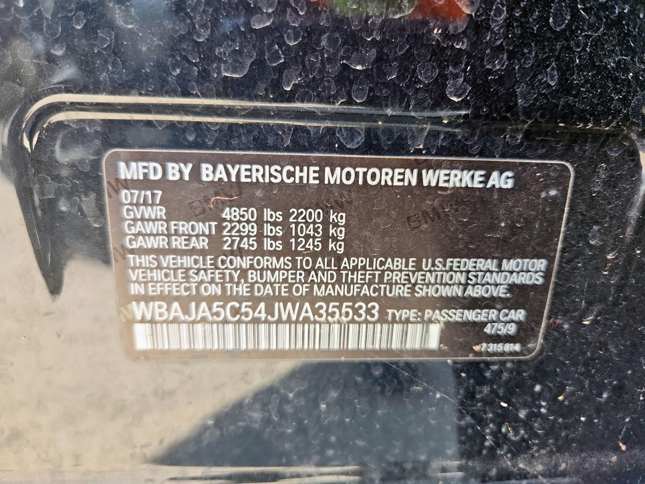 2018 BMW 530 I VIN: WBAJA5C54JWA35533 Lot: 84053925