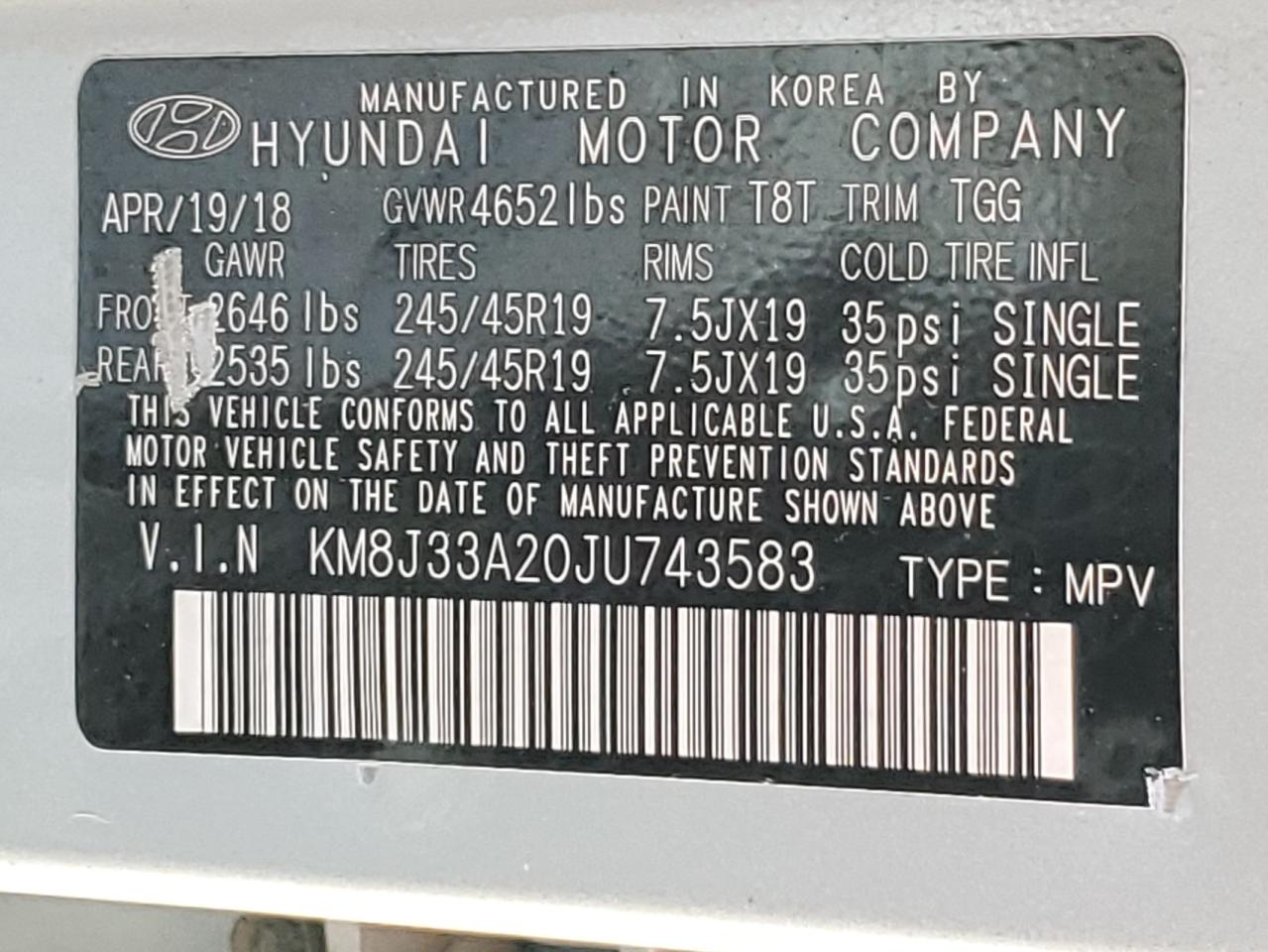2018 Hyundai Tucson Value VIN: KM8J33A20JU743583 Lot: 83753905