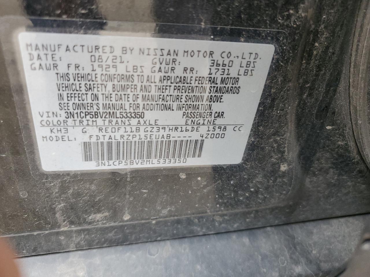 2021 Nissan Kicks S VIN: 3N1CP5BV2ML533350 Lot: 80924025