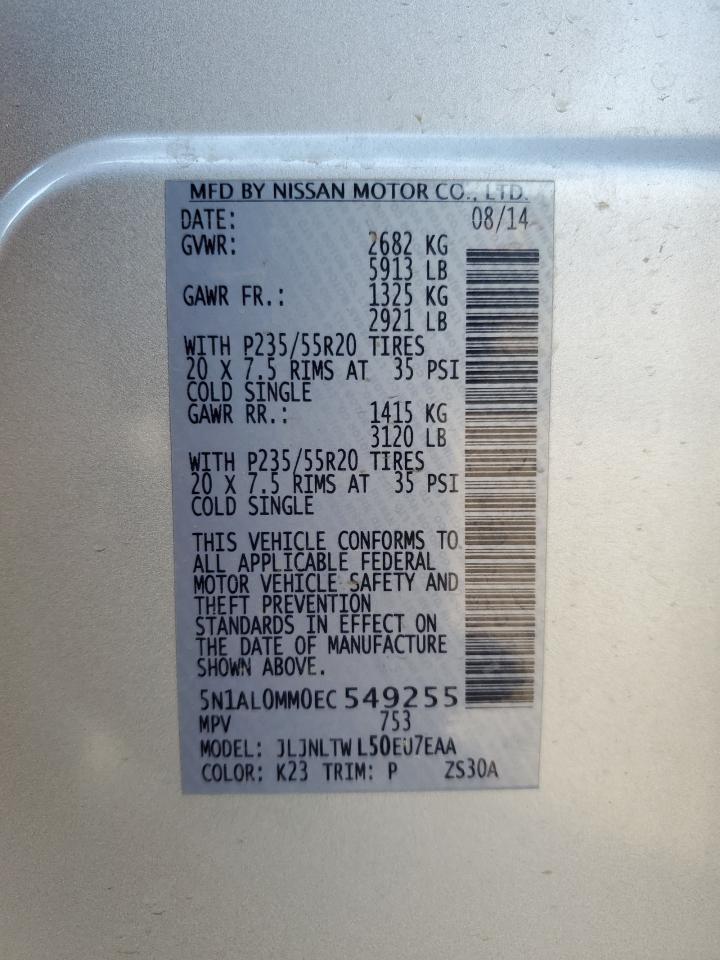 2014 Infiniti Qx60 VIN: 5N1AL0MM0EC549255 Lot: 69944195