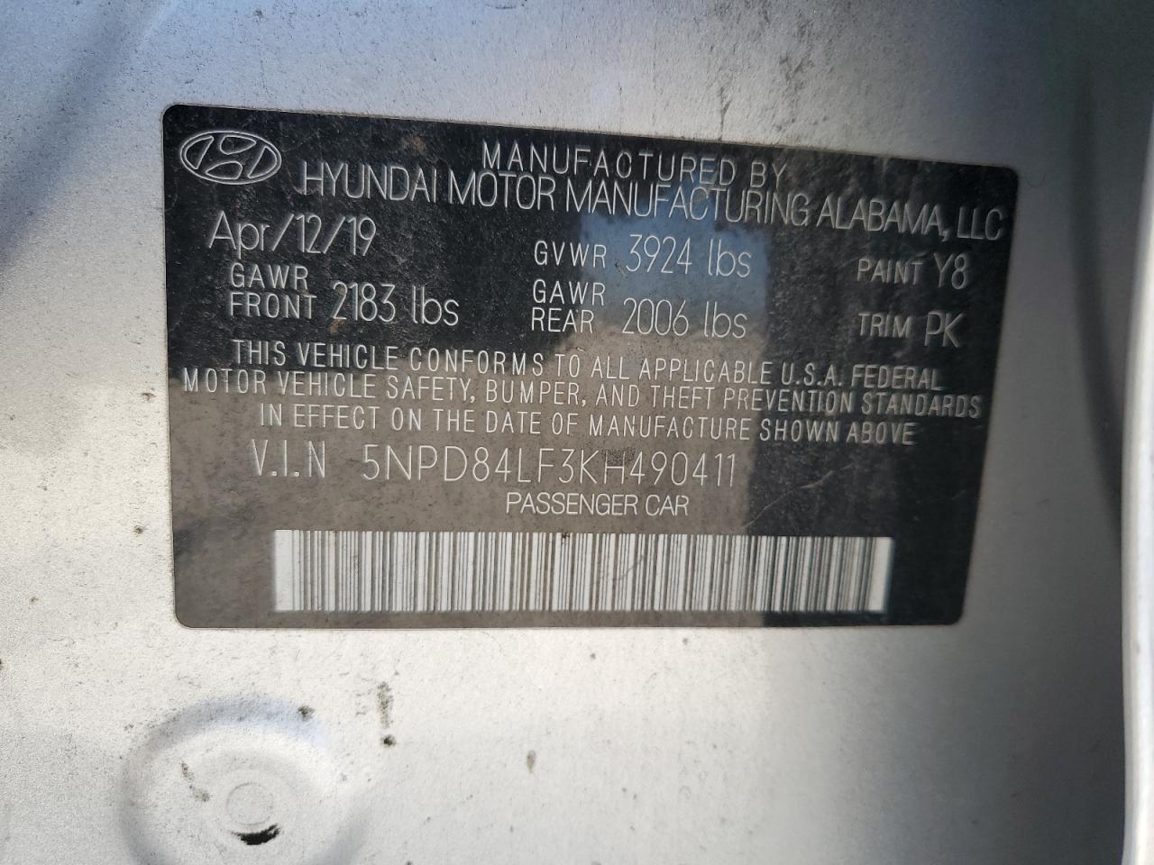 2019 Hyundai Elantra Sel VIN: 5NPD84LF3KH490411 Lot: 80459935