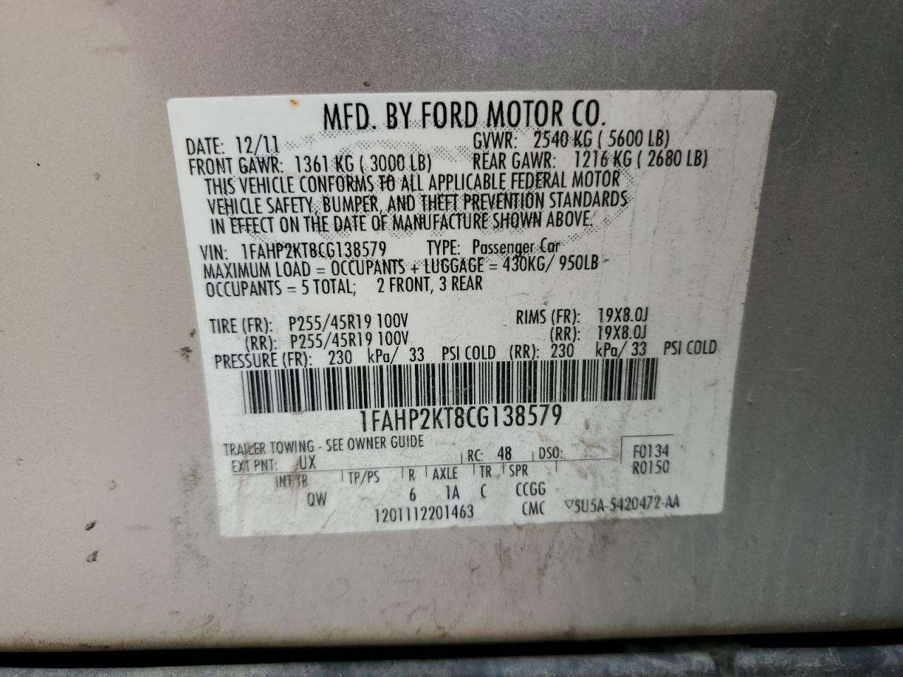 2012 Ford Taurus Sho VIN: 1FAHP2KT8CG138579 Lot: 80140245