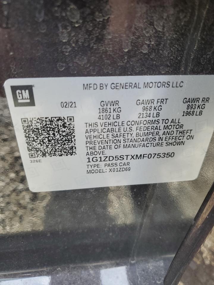 2021 Chevrolet Malibu Lt VIN: 1G1ZD5STXMF075350 Lot: 80461795