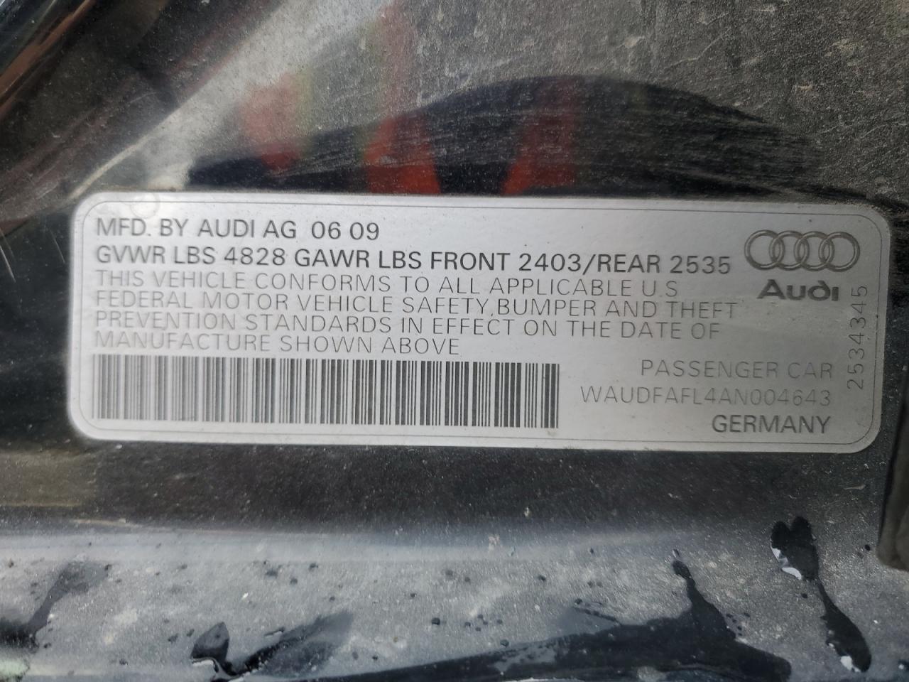 2010 Audi A4 Premium VIN: WAUDFAFL4AN004643 Lot: 80685265