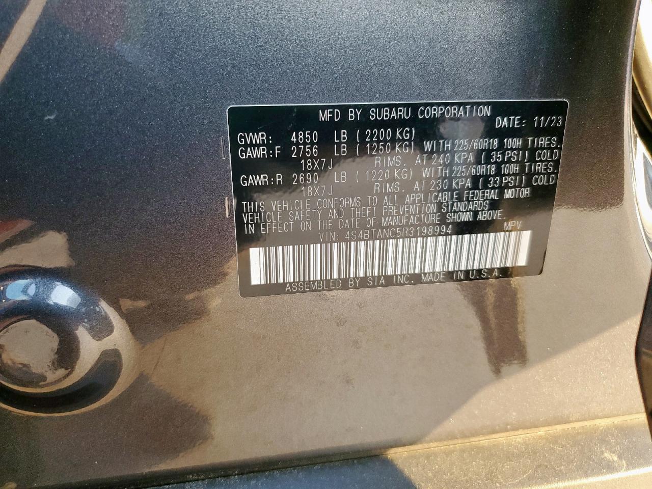 2024 Subaru Outback Limited VIN: 4S4BTANC5R3198994 Lot: 80709745