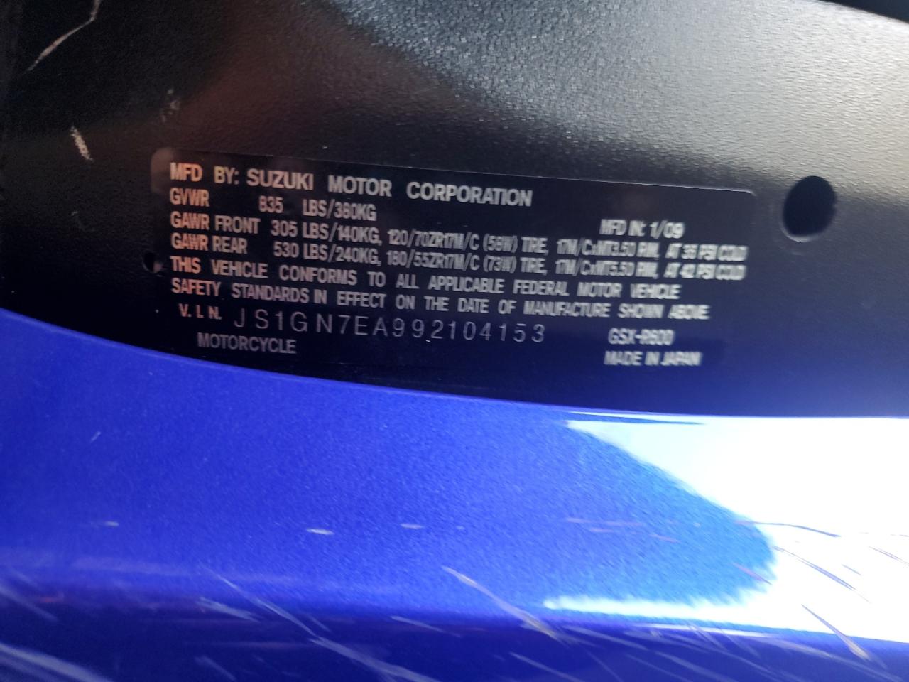 2009 Suzuki Gsx-R600 VIN: JS1GN7EA992104153 Lot: 80297135