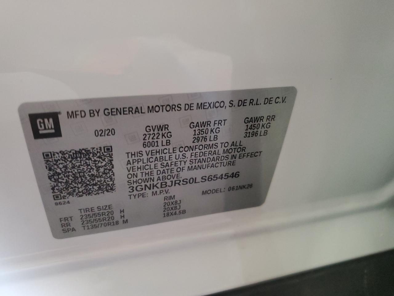 2020 Chevrolet Blazer 3Lt VIN: 3GNKBJRS0LS654546 Lot: 81377705