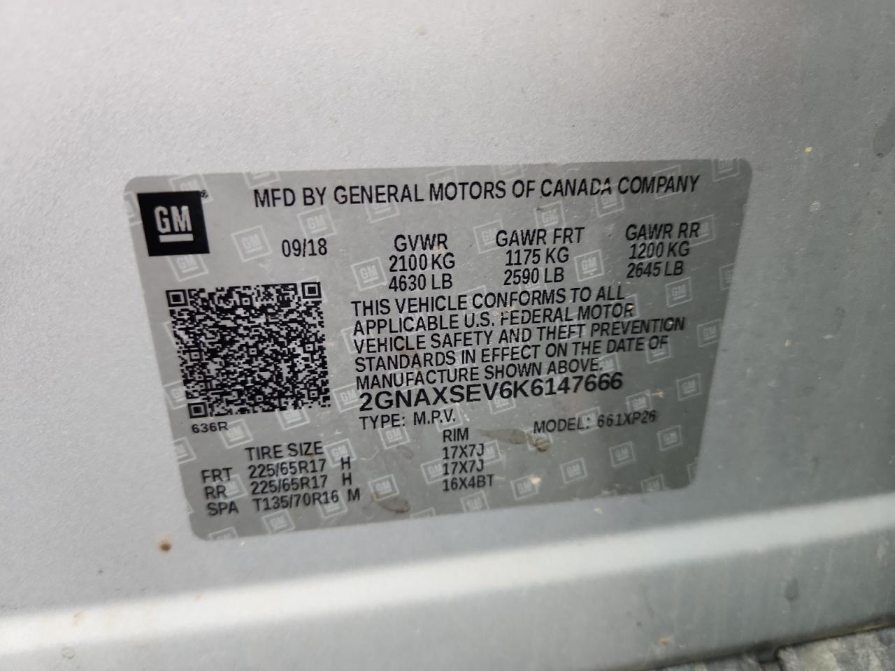 2019 Chevrolet Equinox Ls VIN: 2GNAXSEV6K6147666 Lot: 71228995