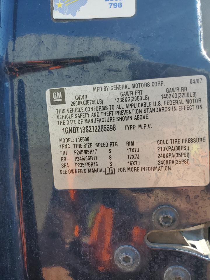 2007 Chevrolet Trailblazer Ls VIN: 1GNDT13S272265598 Lot: 72091505