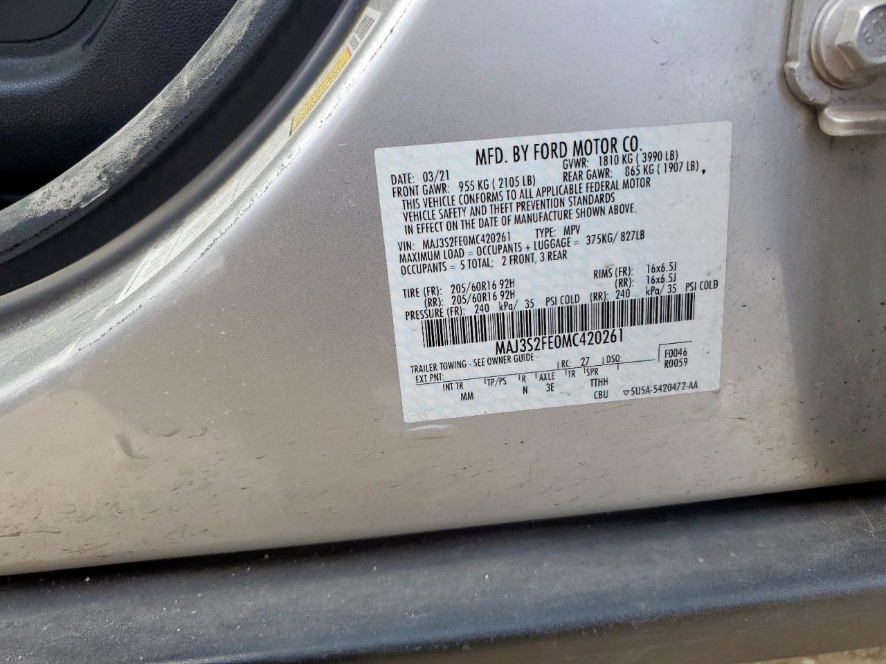 2021 Ford Ecosport S VIN: MAJ3S2FE0MC420261 Lot: 72069955