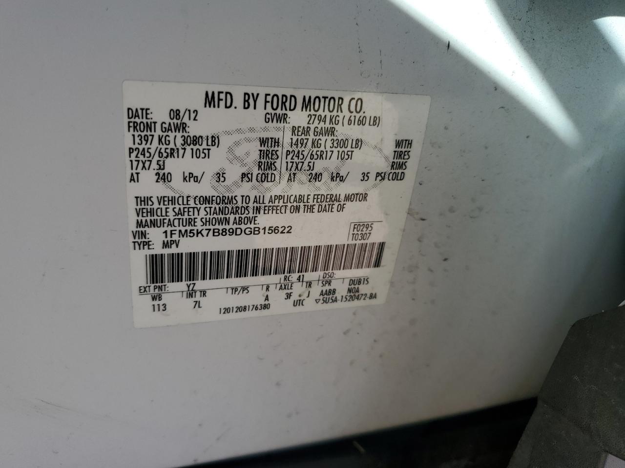 2013 Ford Explorer VIN: 1FM5K7B89DGB15622 Lot: 84376705