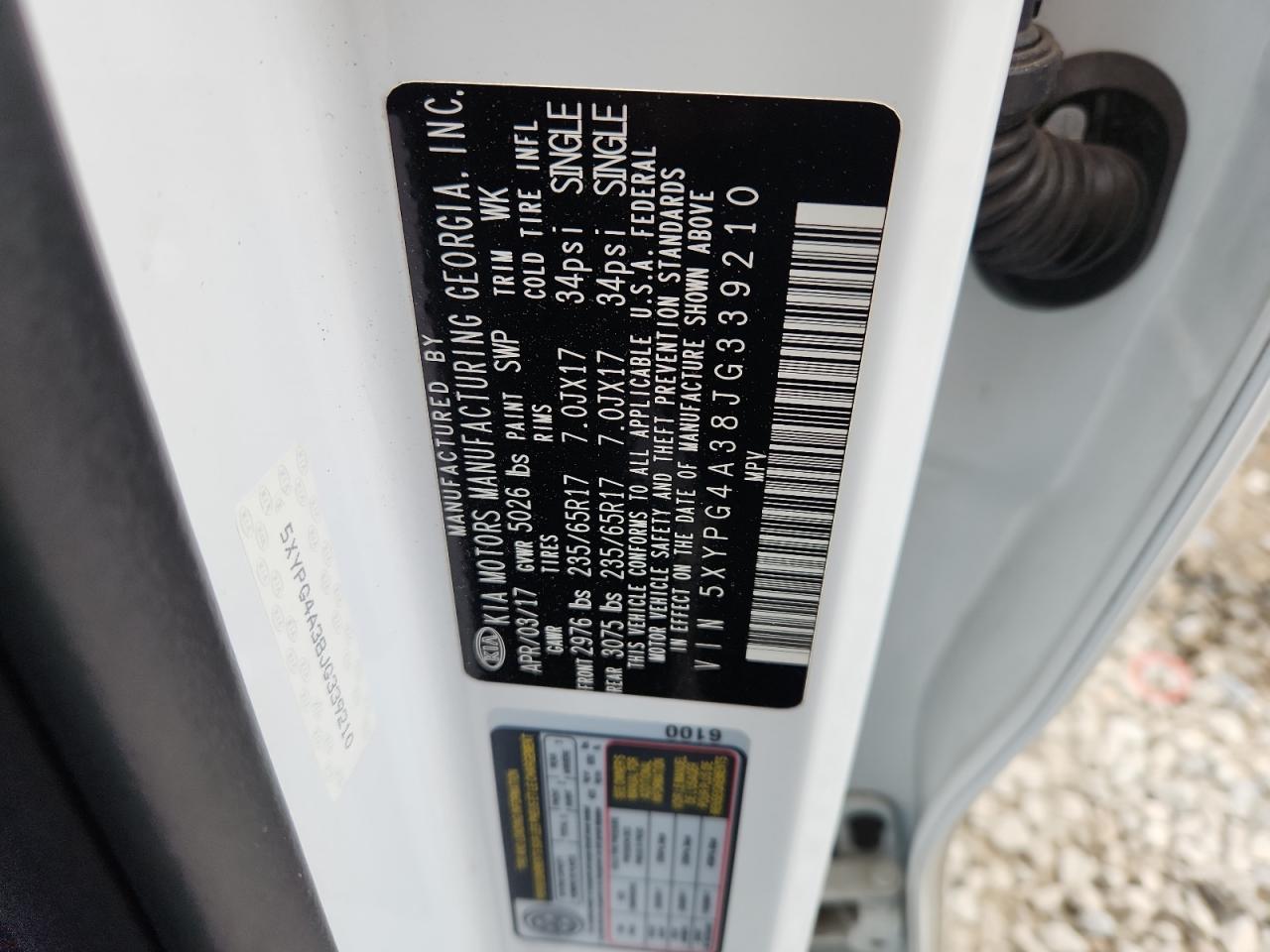 2018 Kia Sorento Lx VIN: 5XYPG4A38JG339210 Lot: 81906385