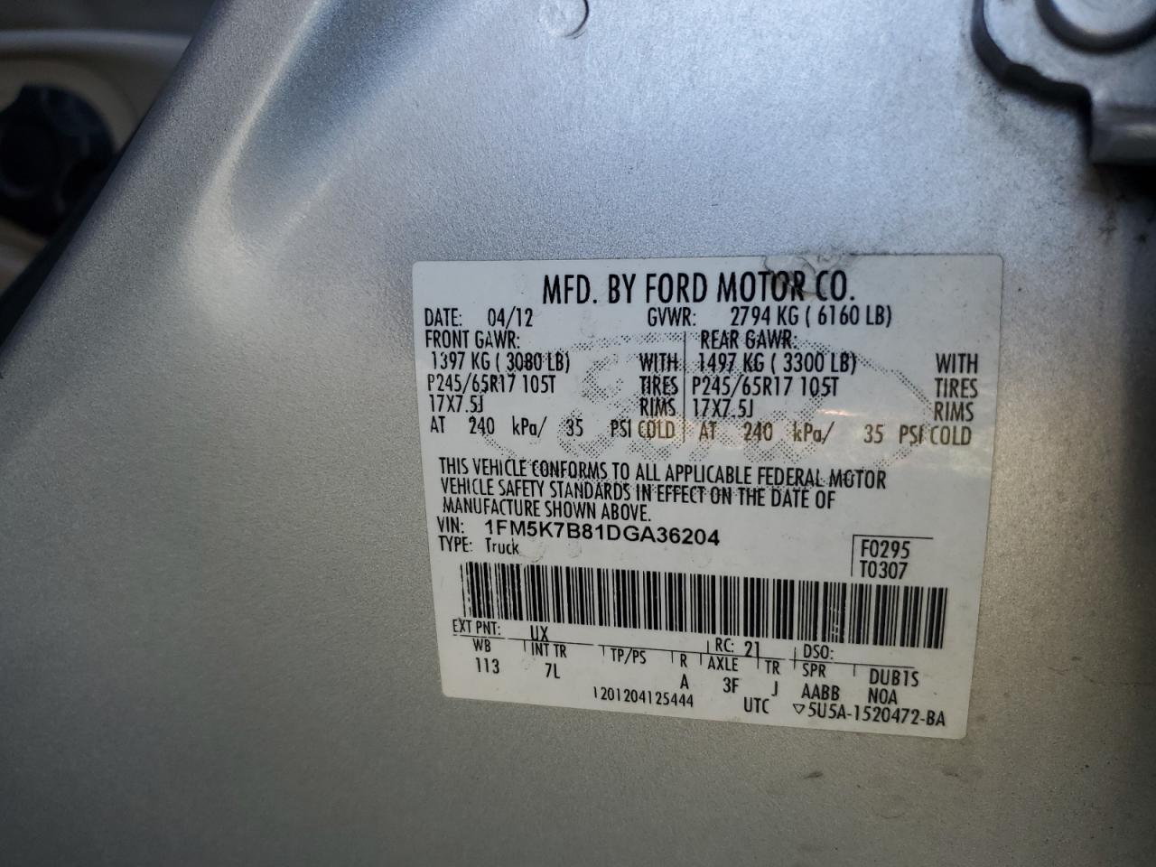 2013 Ford Explorer VIN: 1FM5K7B81DGA36204 Lot: 81447825