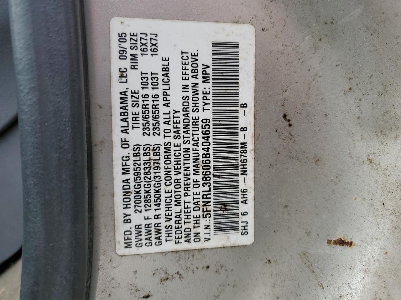 2006 Honda Odyssey Exl VIN: 5FNRL38606B404659 Lot: 83874525