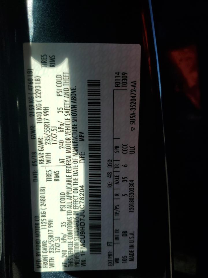 2018 Ford Escape Sel VIN: 1FMCU9HD7JUC78204 Lot: 71080685