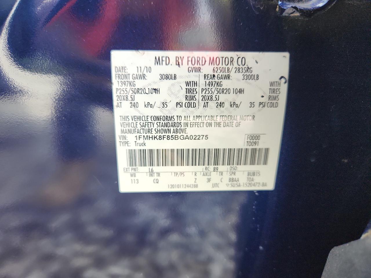 2011 Ford Explorer Limited VIN: 1FMHK8F85BGA02275 Lot: 84452775