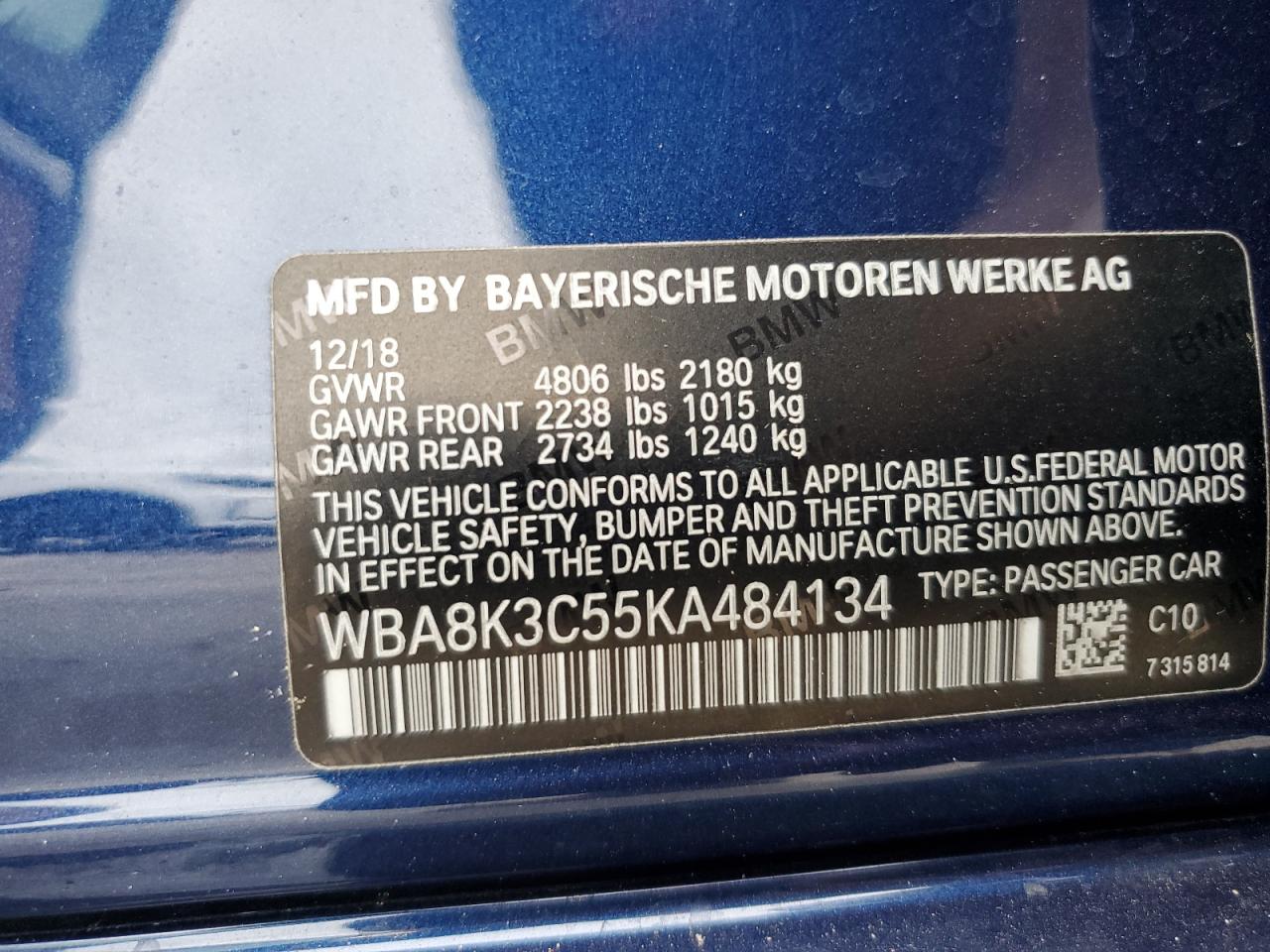 2019 BMW 330Xi VIN: WBA8K3C55KA484134 Lot: 82046435