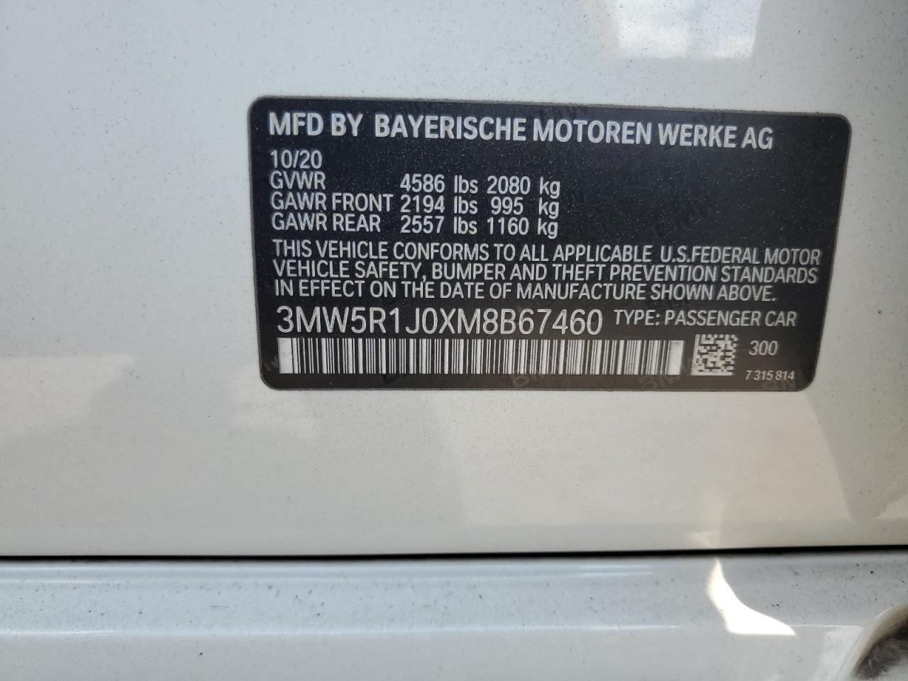 2021 BMW 330I VIN: 3MW5R1J0XM8B67460 Lot: 80614815