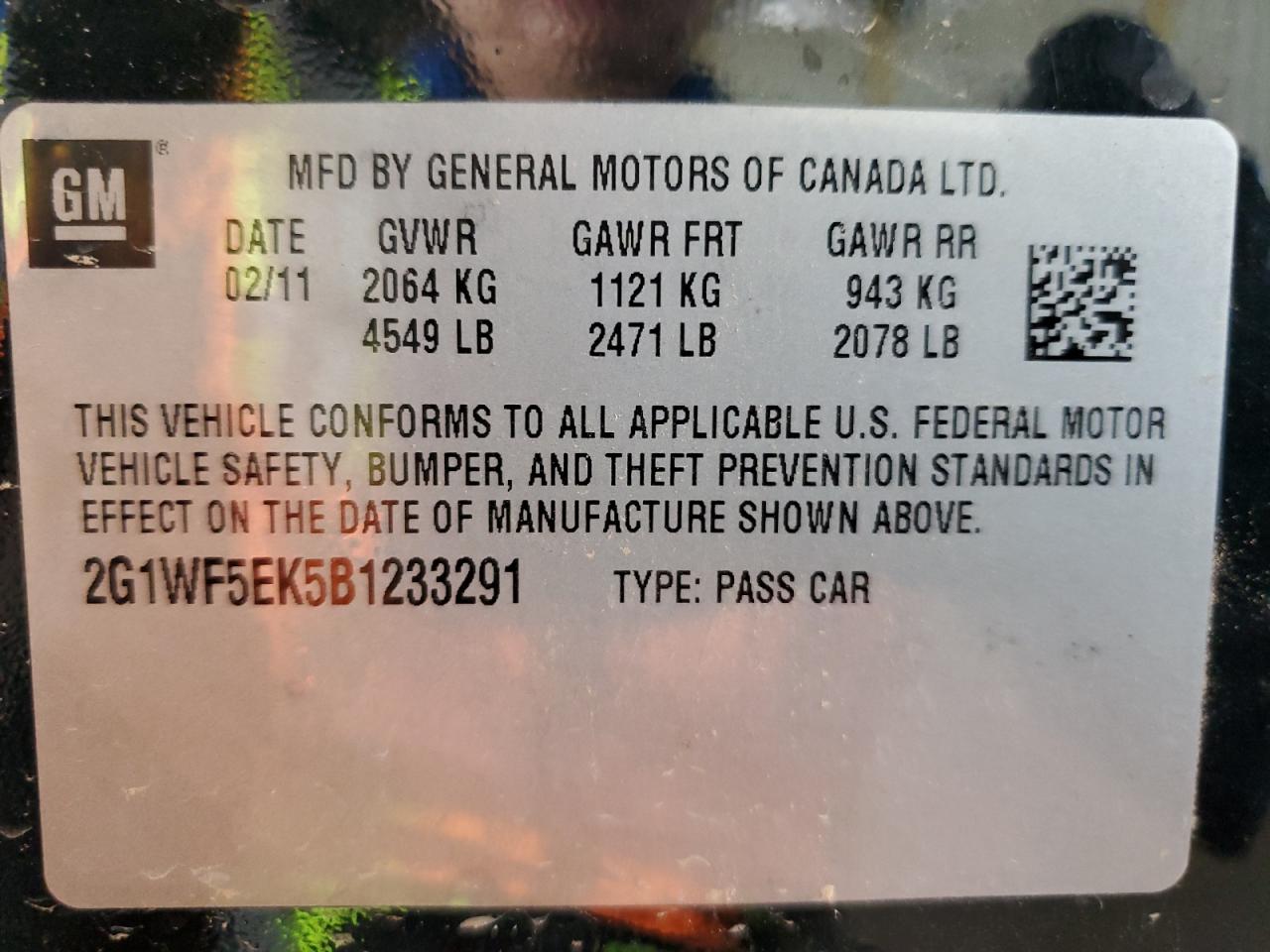 2011 Chevrolet Impala Ls VIN: 2G1WF5EK5B1233291 Lot: 70192765