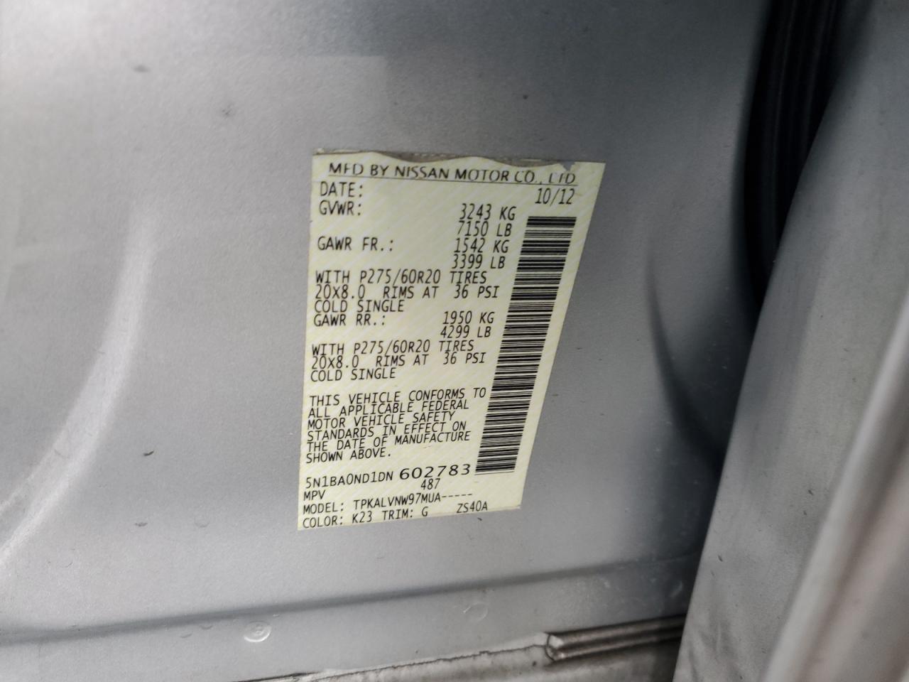 2013 Nissan Armada Sv VIN: 5N1BA0ND1DN602783 Lot: 72055465