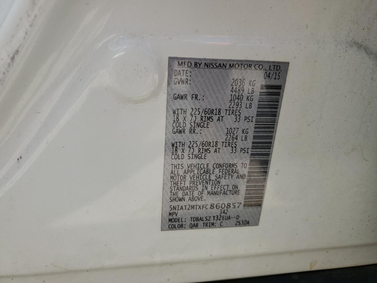 2015 Nissan Rogue S VIN: 5N1AT2MTXFC860857 Lot: 80014305