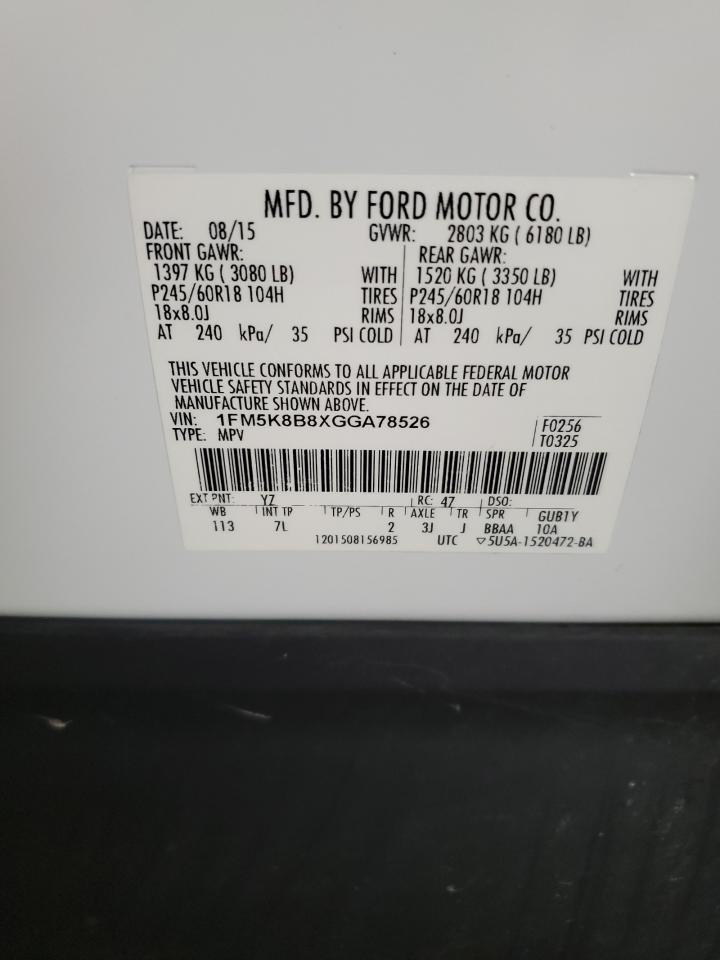 2016 Ford Explorer VIN: 1FM5K8B8XGGA78526 Lot: 83836755