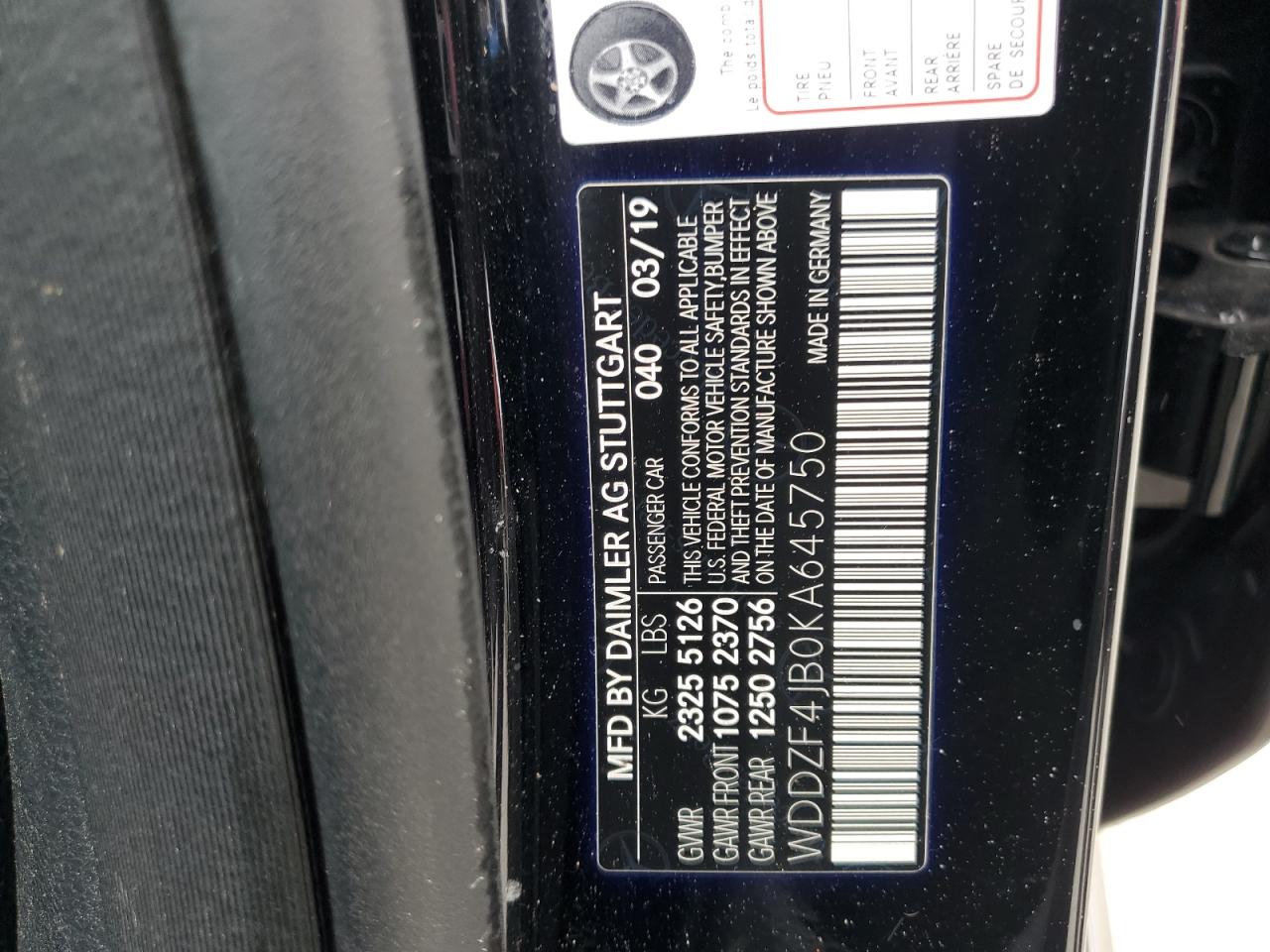 2019 Mercedes-Benz E 300 VIN: WDDZF4JB0KA645750 Lot: 81036255