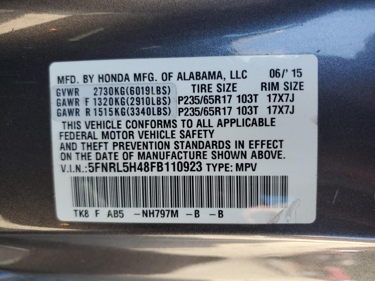 2015 Honda Odyssey Ex VIN: 5FNRL5H48FB110923 Lot: 71035905