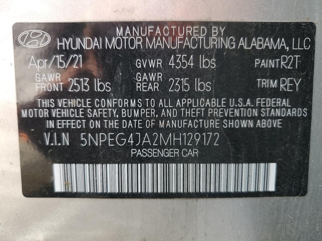 2021 Hyundai Sonata Se VIN: 5NPEG4JA2MH129172 Lot: 80926935