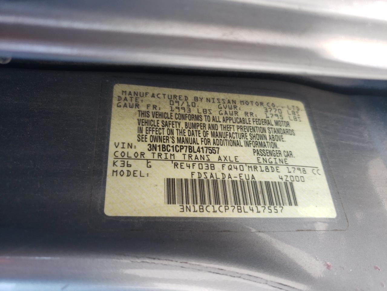 2011 Nissan Versa S VIN: 3N1BC1CP7BL417557 Lot: 71404195