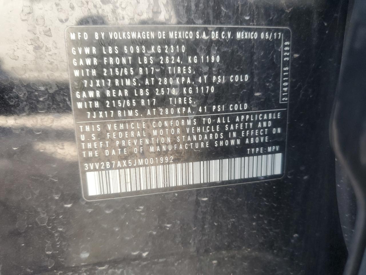 2018 Volkswagen Tiguan Se VIN: 3VV2B7AX5JM001992 Lot: 81715195