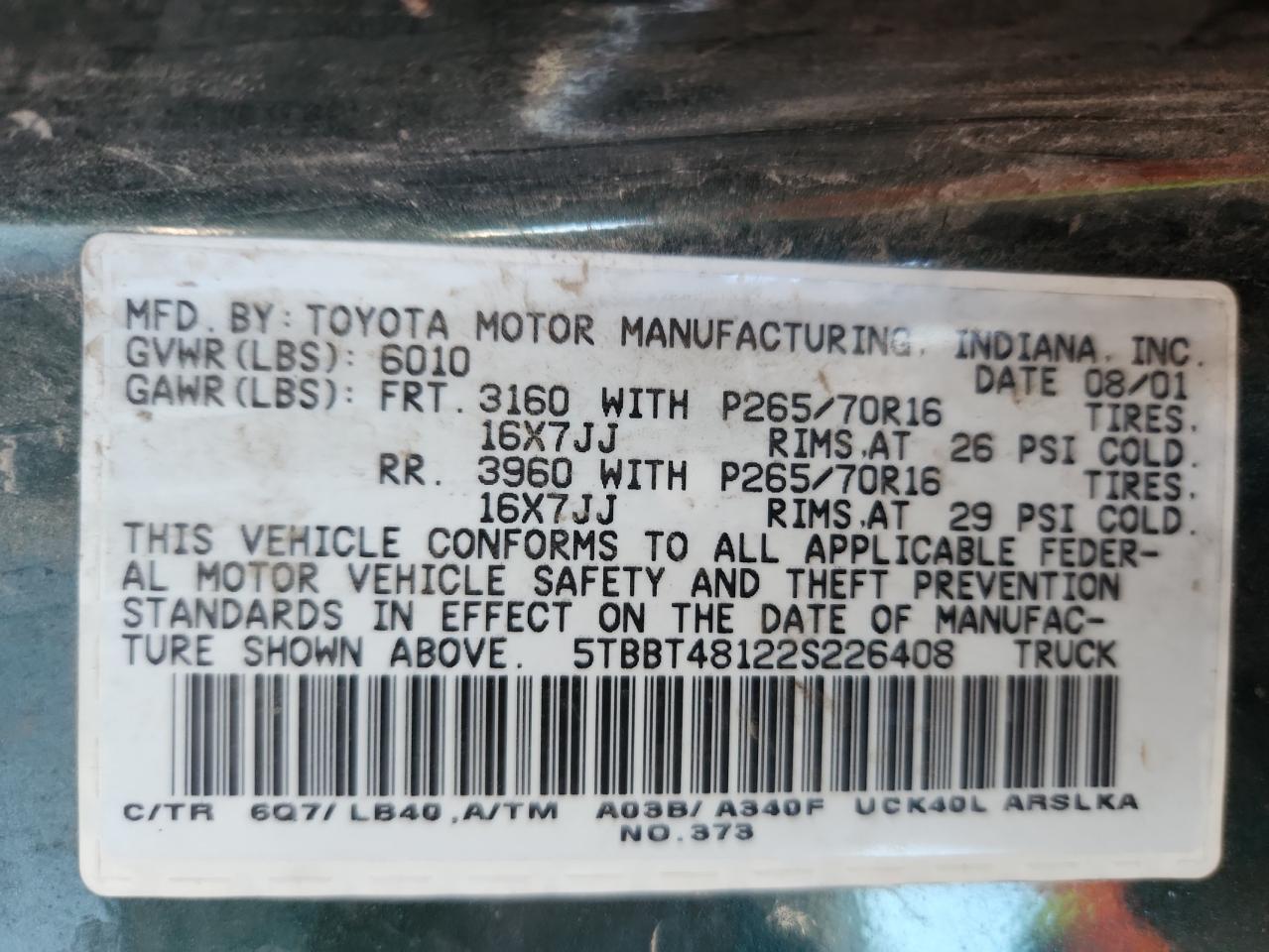 2002 Toyota Tundra Access Cab Limited VIN: 5TBBT48122S226408 Lot: 81911725