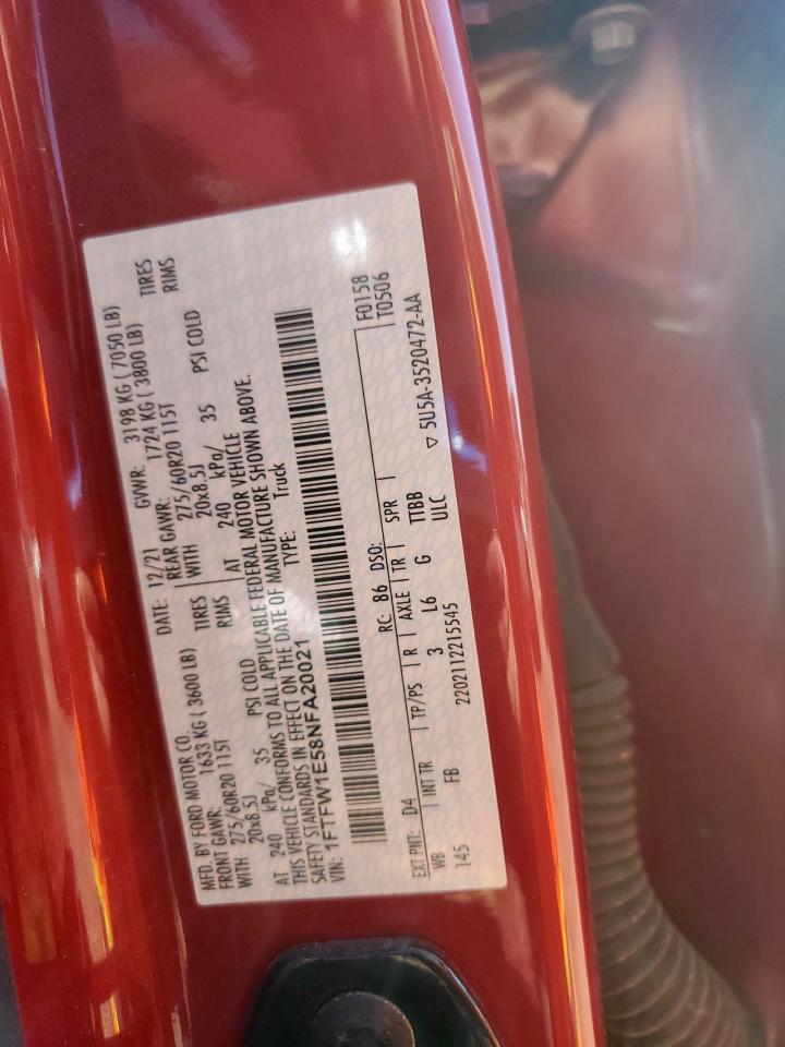 2022 Ford F150 Supercrew VIN: 1FTFW1E58NFA20021 Lot: 81196325