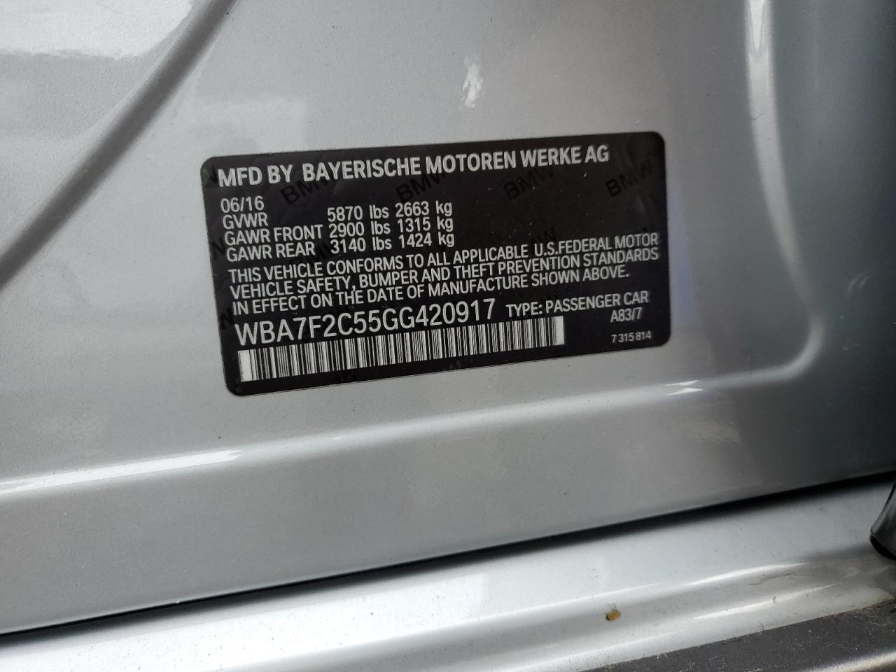 2016 BMW 750 Xi VIN: WBA7F2C55GG420917 Lot: 80350315