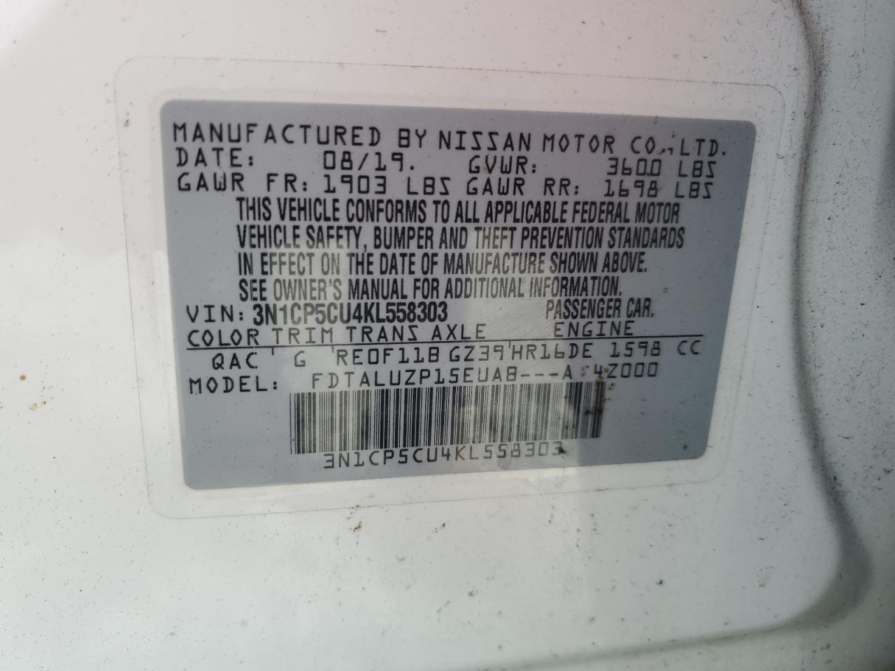 2019 Nissan Kicks S VIN: 3N1CP5CU4KL558303 Lot: 81762365