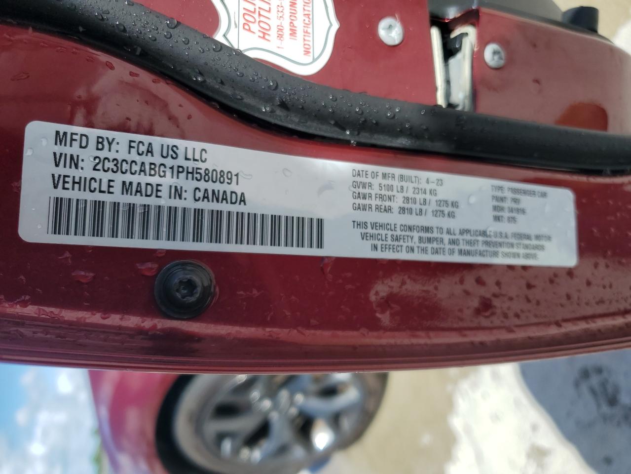 2023 Chrysler 300 S VIN: 2C3CCABG1PH580891 Lot: 84365465
