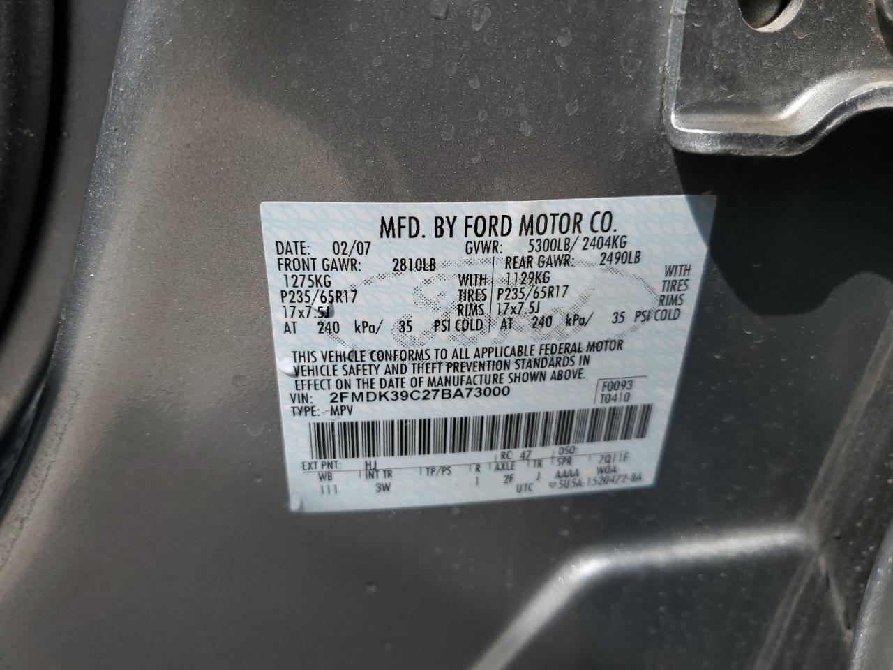 2007 Ford Edge Sel Plus VIN: 2FMDK39C27BA73000 Lot: 80086785