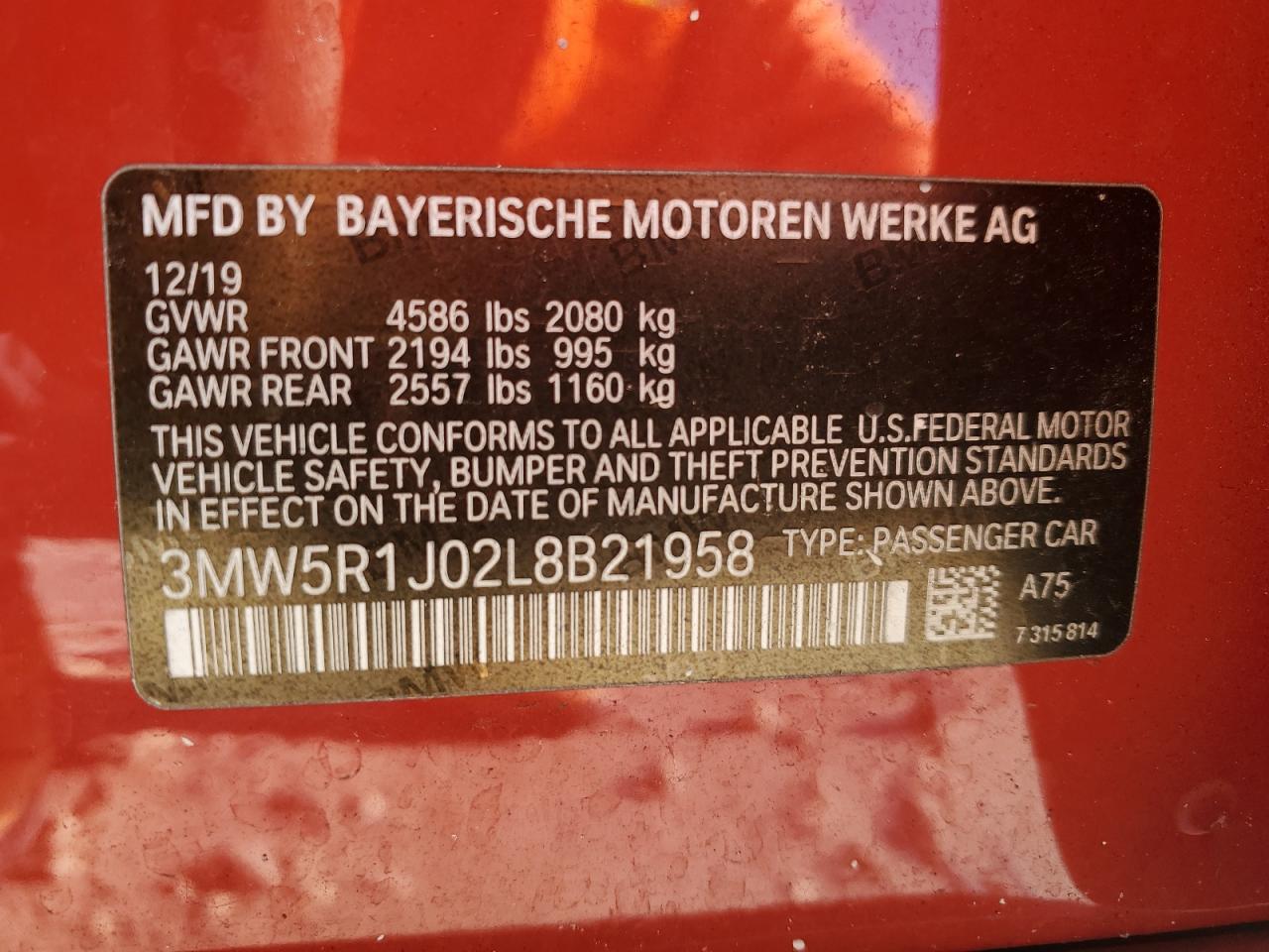 2020 BMW 330I VIN: 3MW5R1J02L8B21958 Lot: 71694355