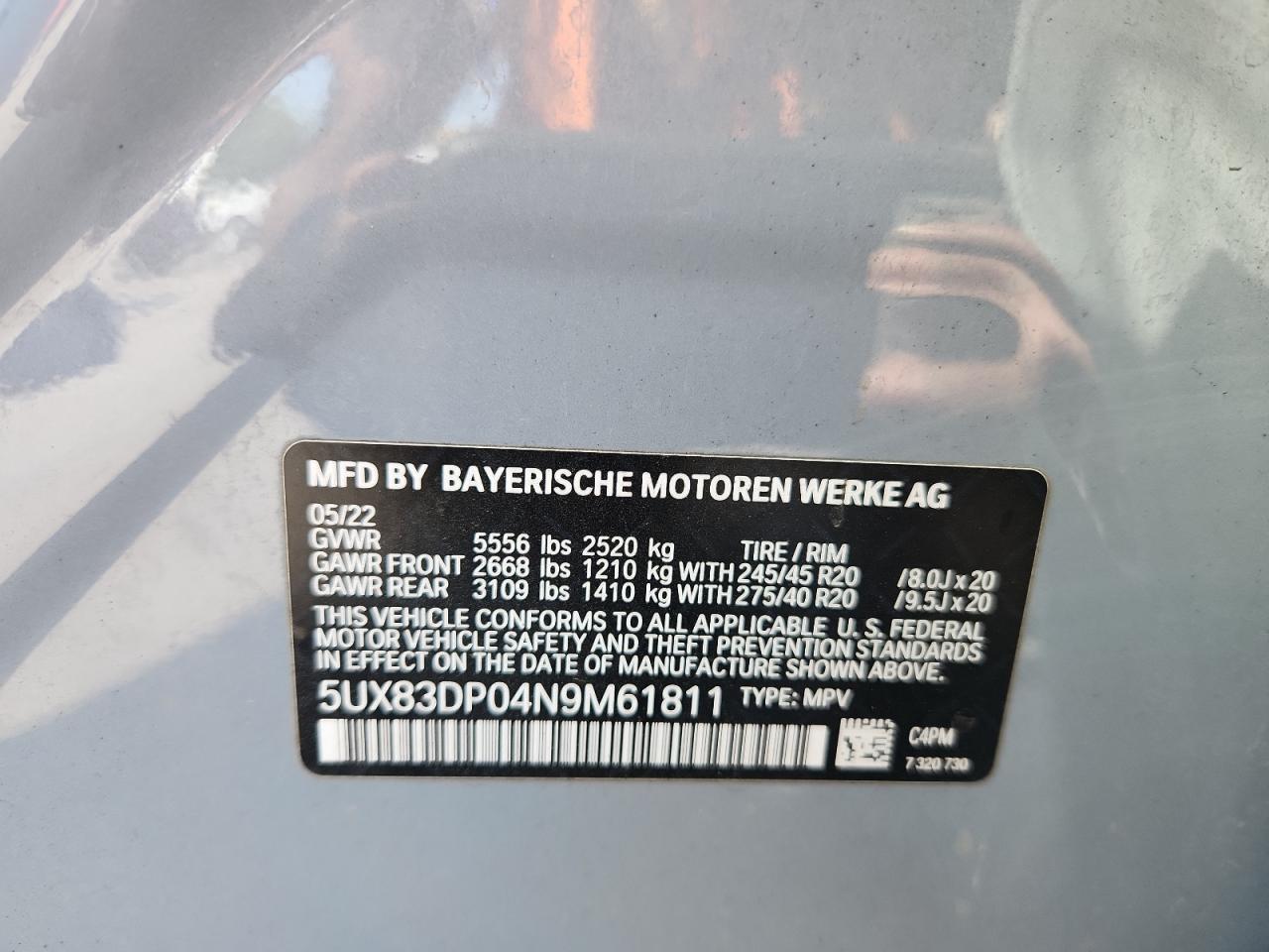 2022 BMW X3 M40I VIN: 5UX83DP04N9M61811 Lot: 71243285