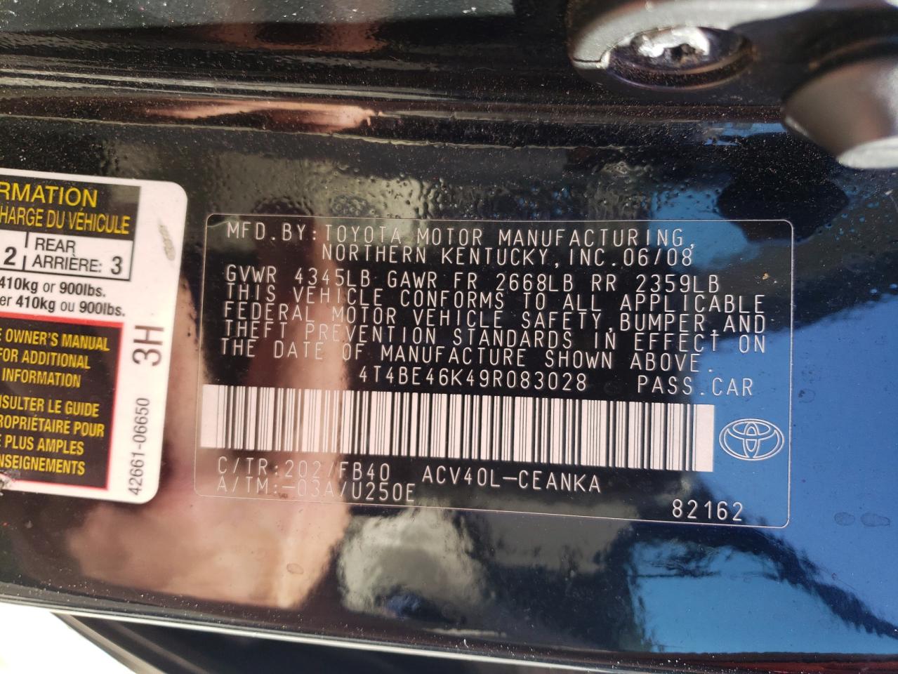 2009 Toyota Camry Base VIN: 4T4BE46K49R083028 Lot: 86269095