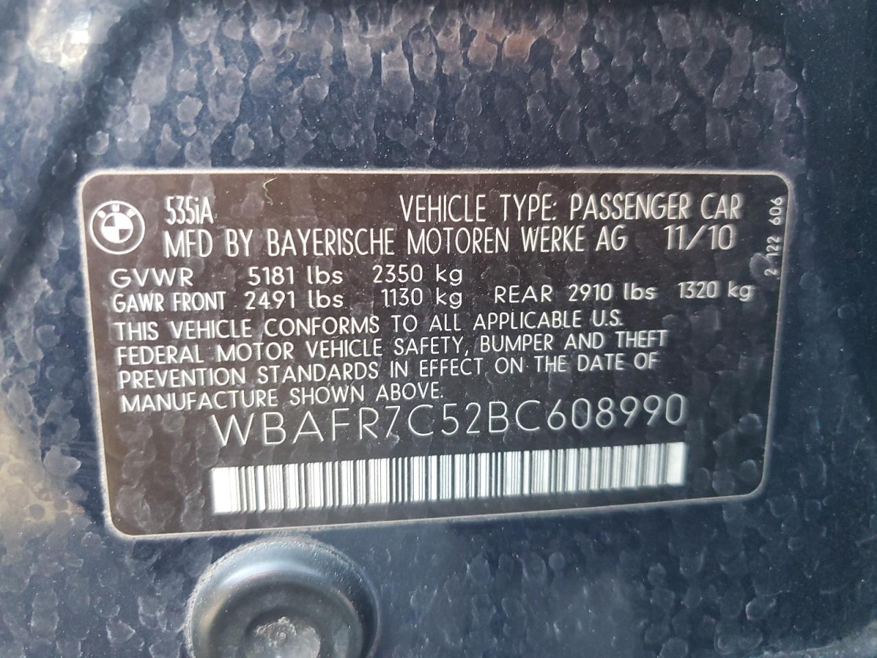 2011 BMW 535 I VIN: WBAFR7C52BC608990 Lot: 70774055