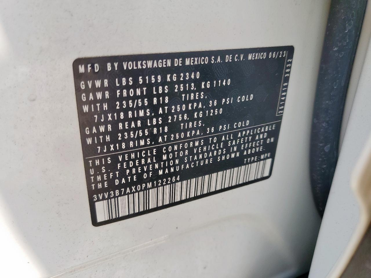 2023 Volkswagen Tiguan Se VIN: 3VV3B7AX0PM122264 Lot: 71796325