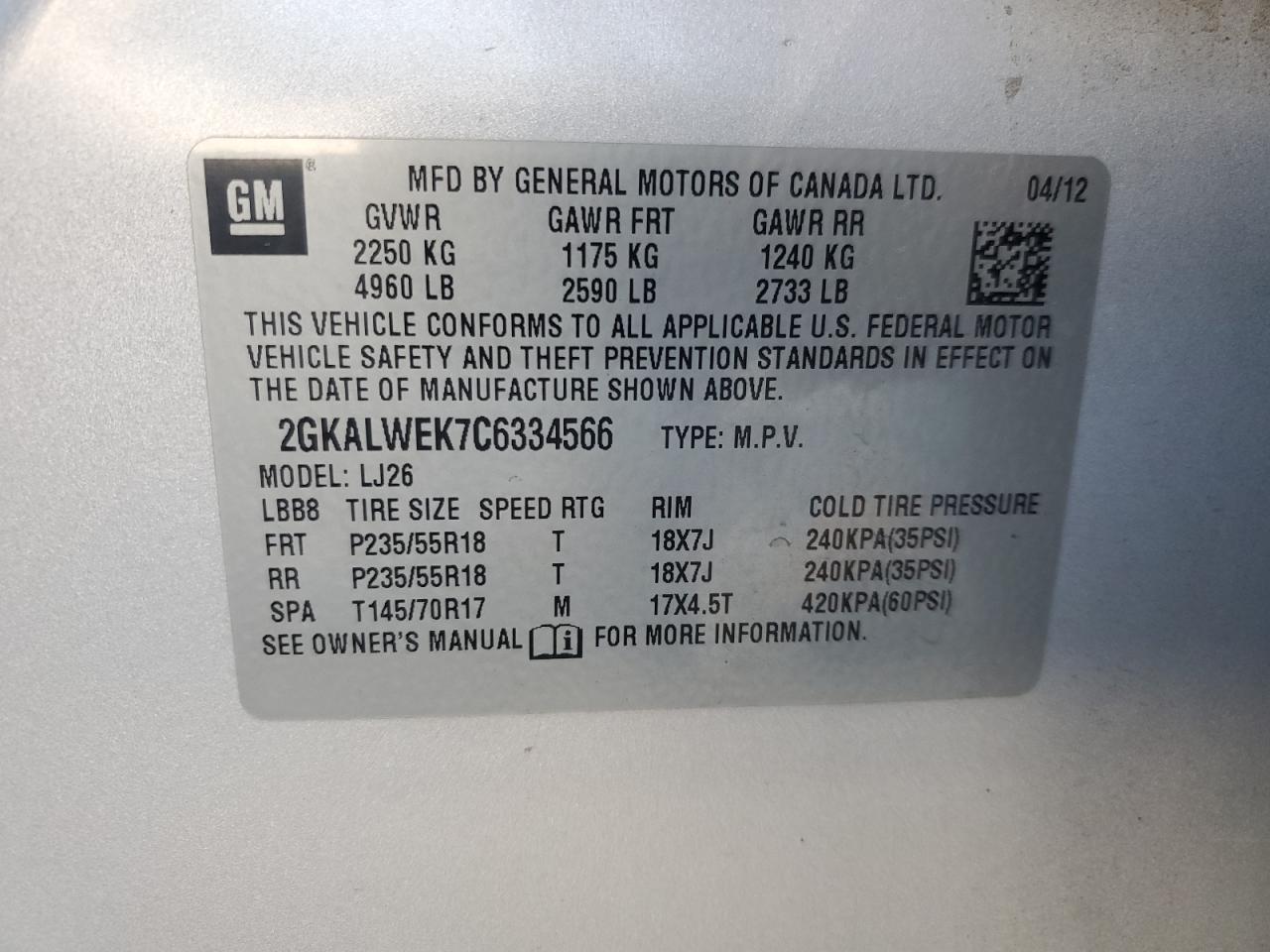 2012 GMC Terrain Slt VIN: 2GKALWEK7C6334566 Lot: 81873975