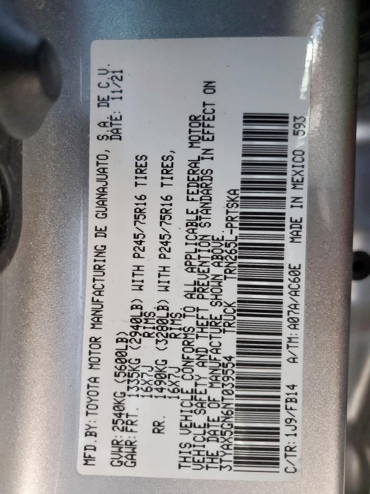 2022 Toyota Tacoma Double Cab VIN: 3TYAX5GN6NT039554 Lot: 80322685