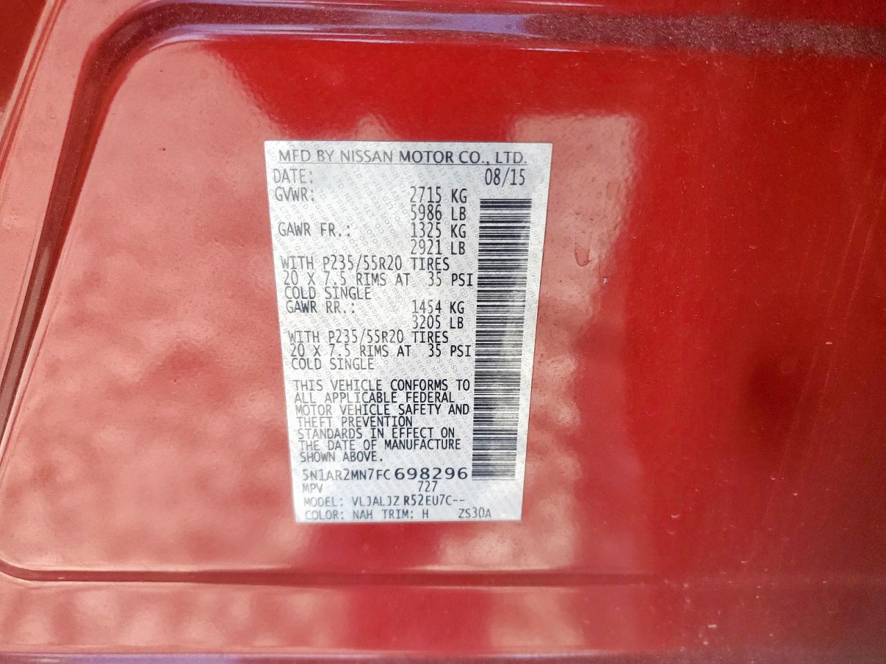 2015 Nissan Pathfinder S VIN: 5N1AR2MN7FC698296 Lot: 81789405