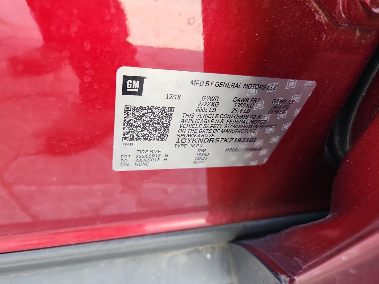 2019 Cadillac Xt5 Luxury VIN: 1GYKNDRS7KZ193181 Lot: 80816965