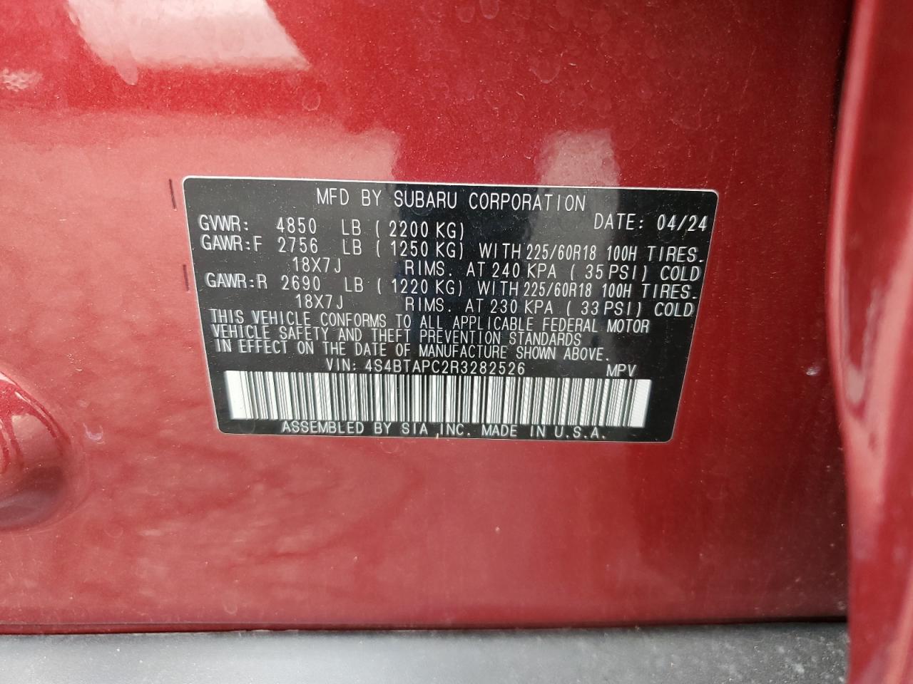 2024 Subaru Outback Touring VIN: 4S4BTAPC2R3282526 Lot: 71482535