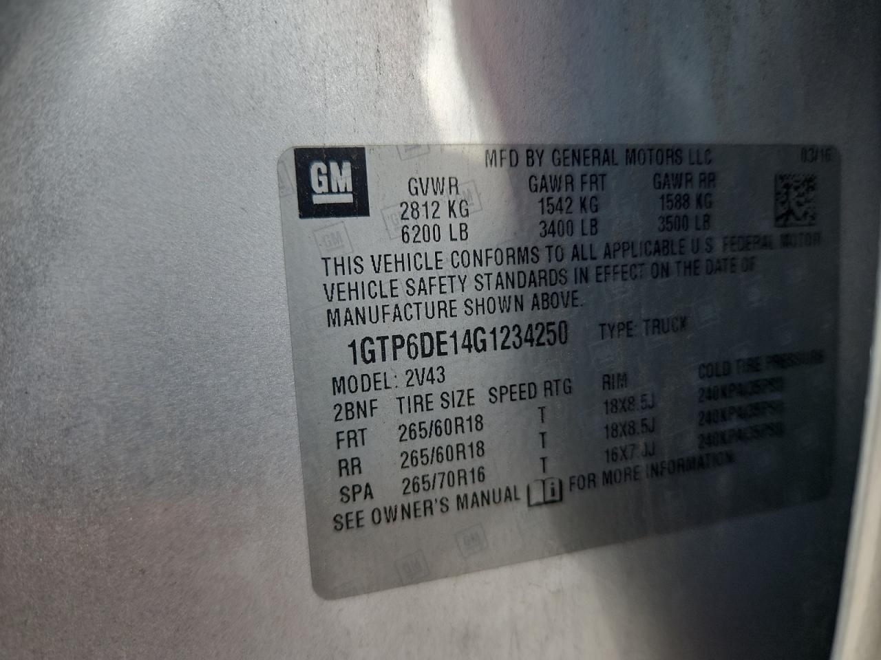 2016 GMC Canyon Slt VIN: 1GTP6DE14G1234250 Lot: 81695895