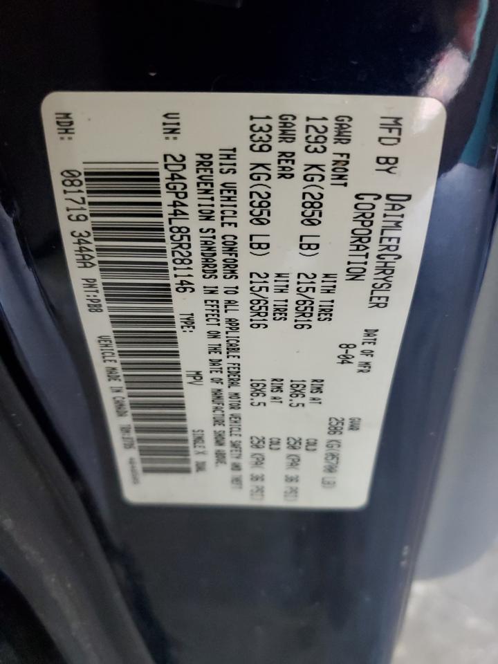 2005 Dodge Grand Caravan Sxt VIN: 2D4GP44L85R281146 Lot: 70679885